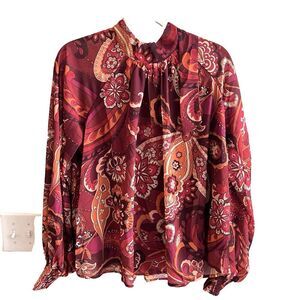 AURA Red Paisley Blouse Tie Neck Flowy Balloon Sleeves Top Large Women’s NWT